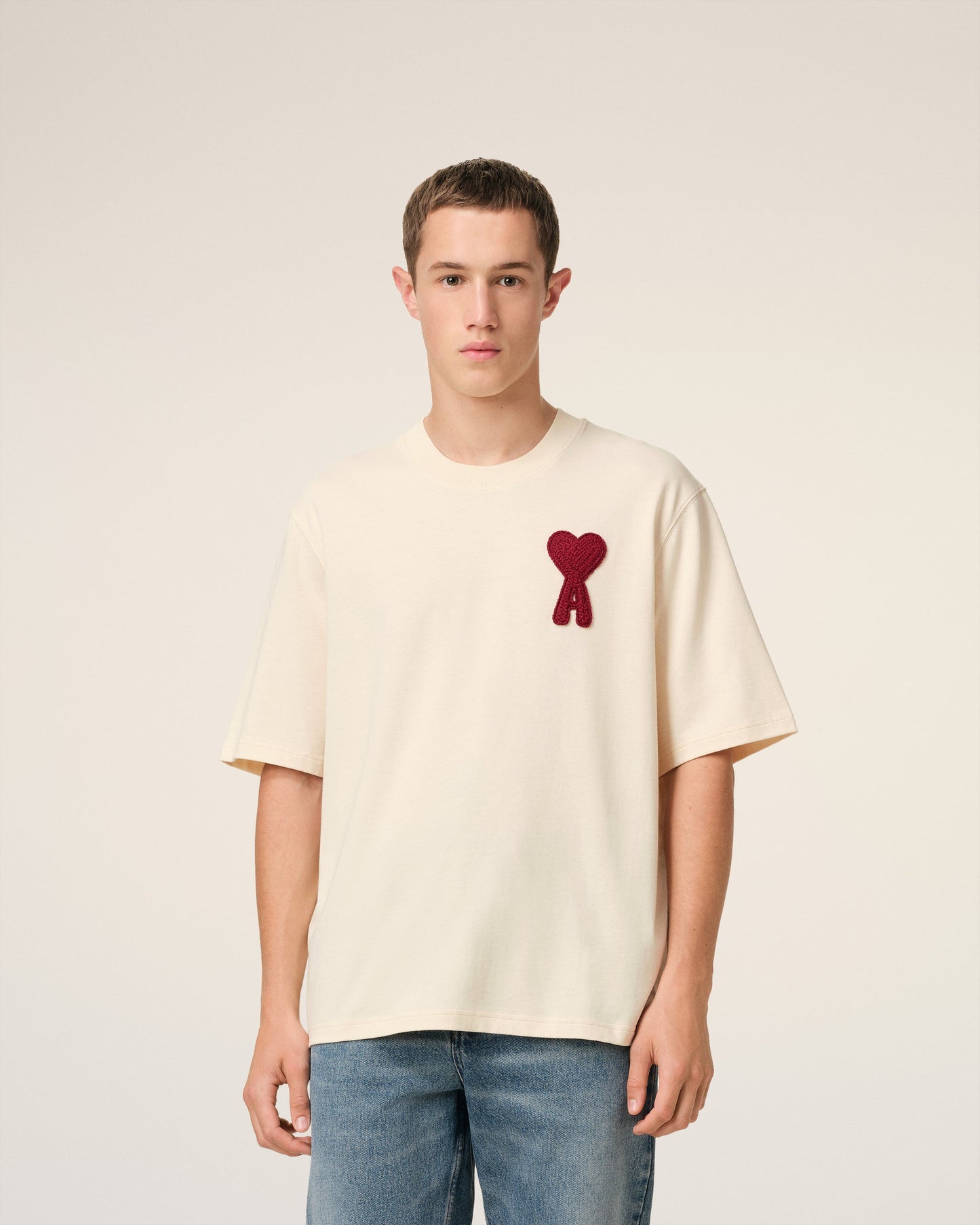 BEIGE COTTON AMI DE COEUR PATCH T-SHIRT