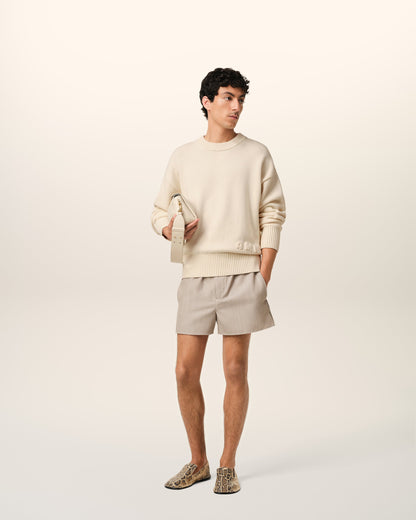 BEIGE COTTON AMI EMBROIDERED CREWNECK SWEATER