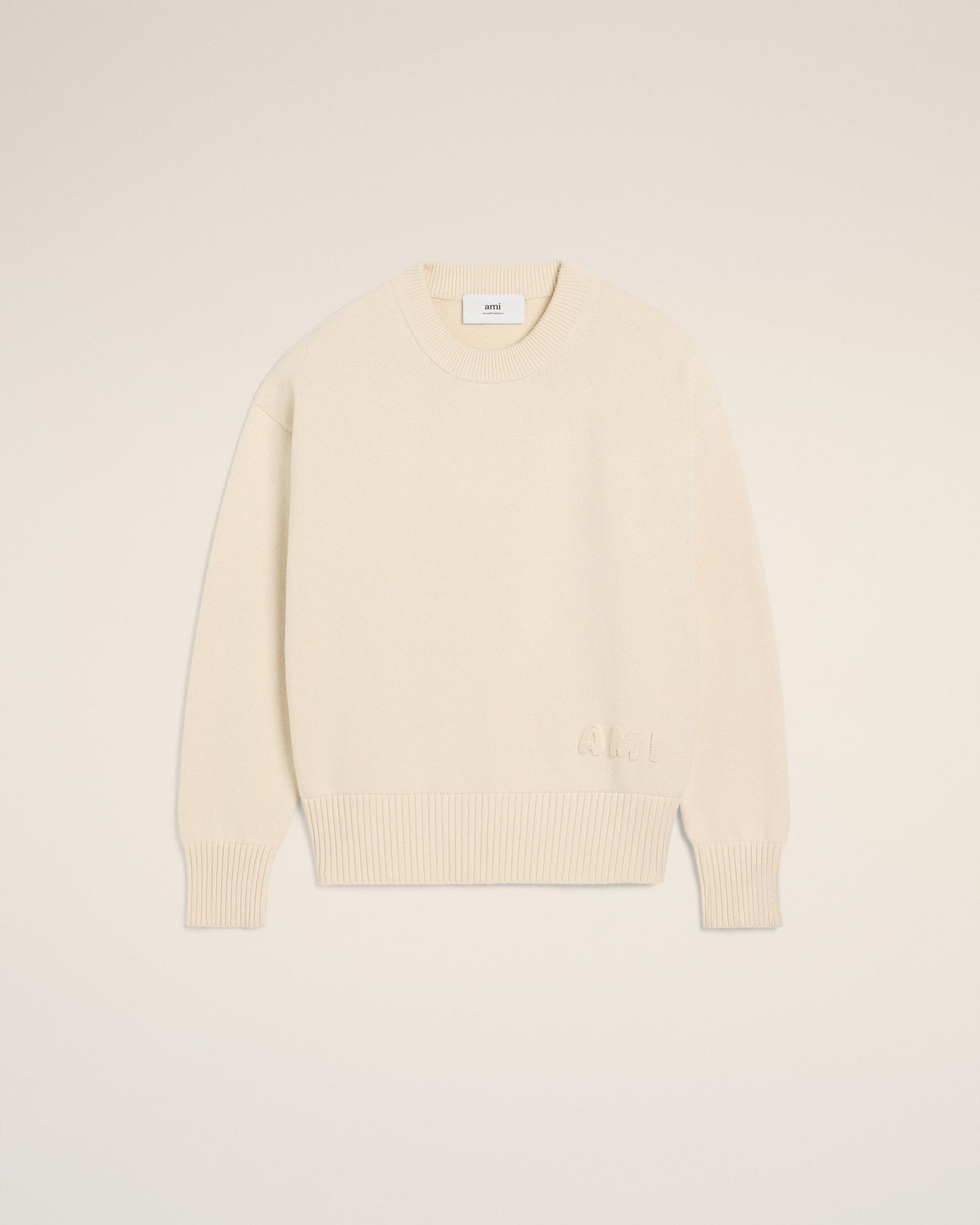 BEIGE COTTON AMI EMBROIDERED CREWNECK SWEATER