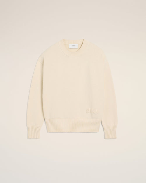 BEIGE COTTON AMI EMBROIDERED CREWNECK SWEATER