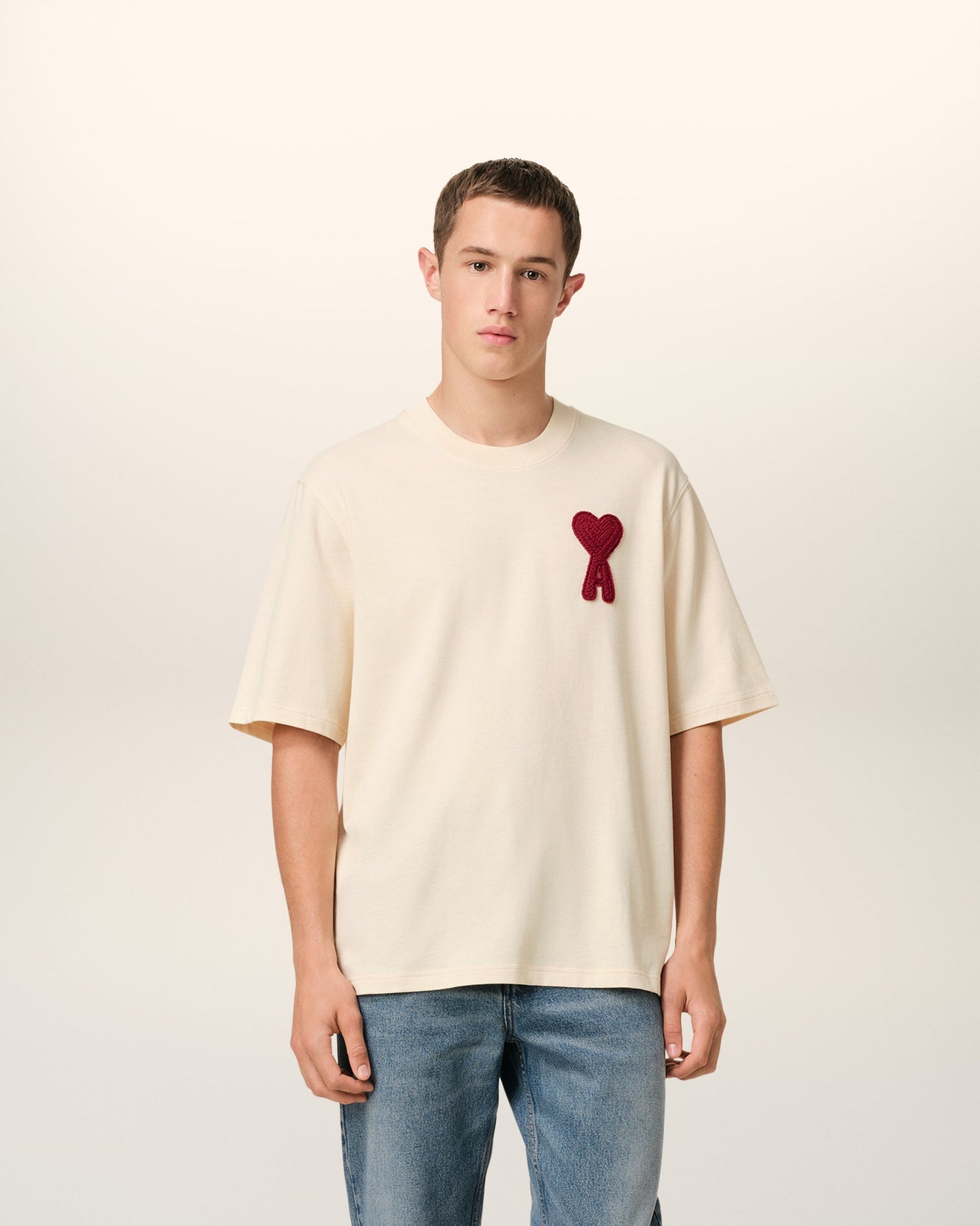 BEIGE COTTON AMI DE COEUR PATCH T-SHIRT