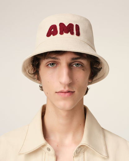 BEIGE COTTON AMI PARIS PATCH BUCKET HAT